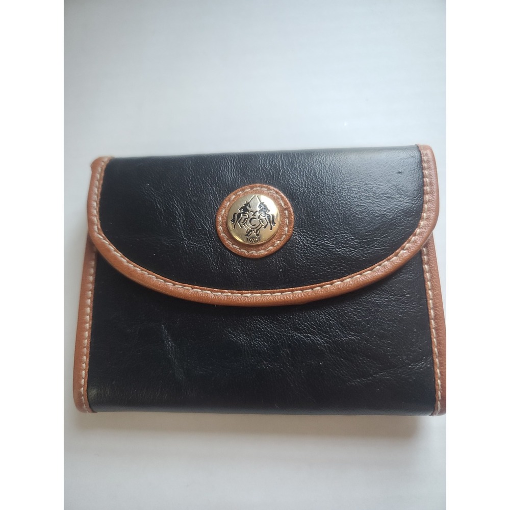 Vintage Courreges Paris Black Leather Trifold Wallet Tan Trim Gold Crest Logo